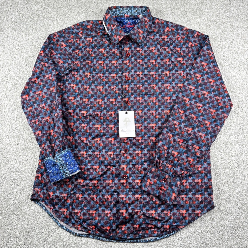 NEW Robert Graham Button Down Shirt Mens Medium Blue Red Geometric Classic Fit - Picture 2 of 7